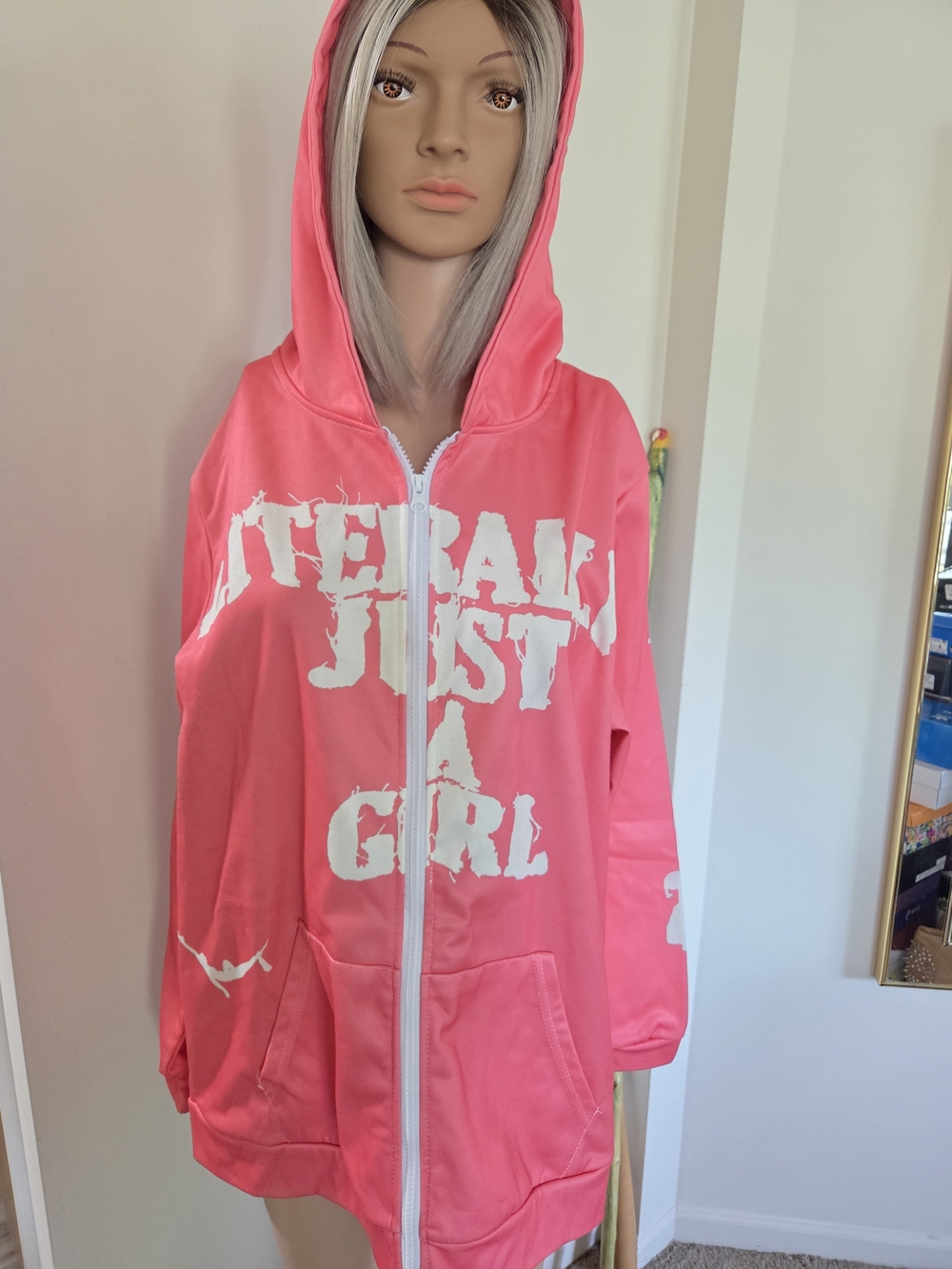 Pink 'Literally Just A Girl' Graphic Zip-Up Hoodie Size XL